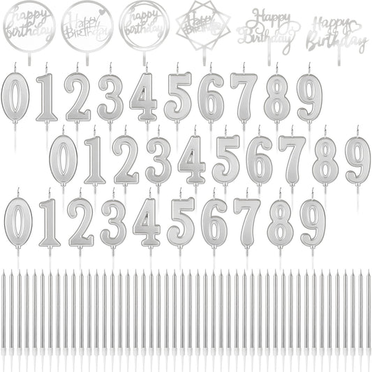 Shihanee 84 Pcs Birthday Cake Toppers Decorations Long Thin Metallic Birthday Candles Bulk Number Candles 0-9 DIY Cake Decor for Wedding Anniversary Party(Silver)