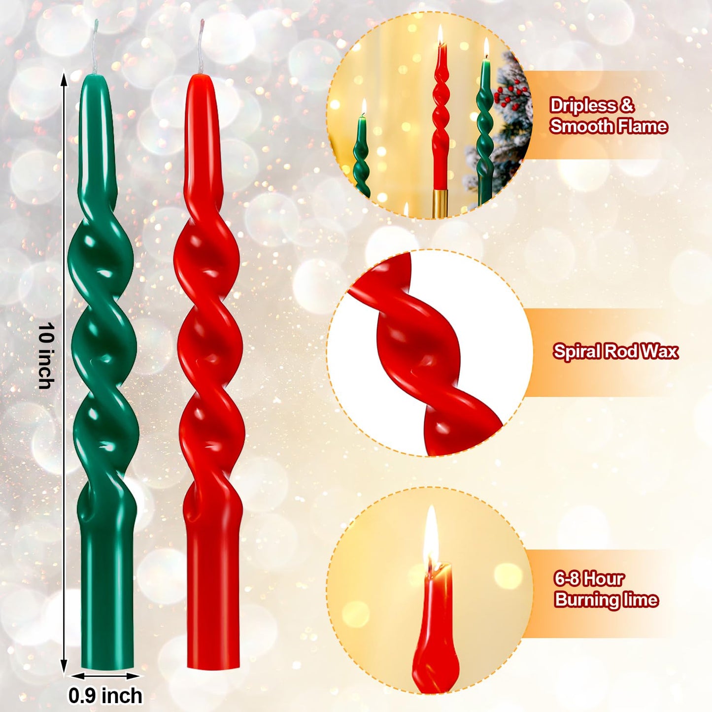 Conelist 12 Pcs 10 Inch Red and Green Taper Candle Unscented Dripless Twisted Christmas Spiral Candles Bulk for Wedding Home Dinner Party Ceremony Religious