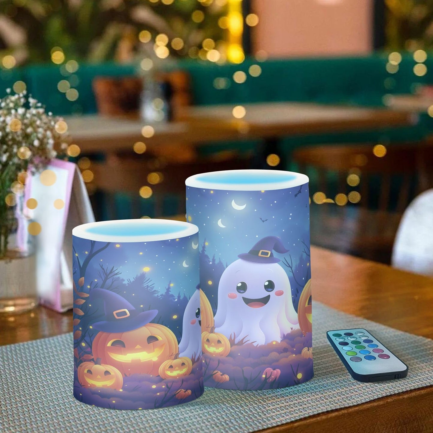 BOENLE Flickering Flameless Candles, Halloween Ghosts Pumpkins LED Candles with Remote Timer, Set of 2 Battery Operated Candle for Valentine Wedding Birthday