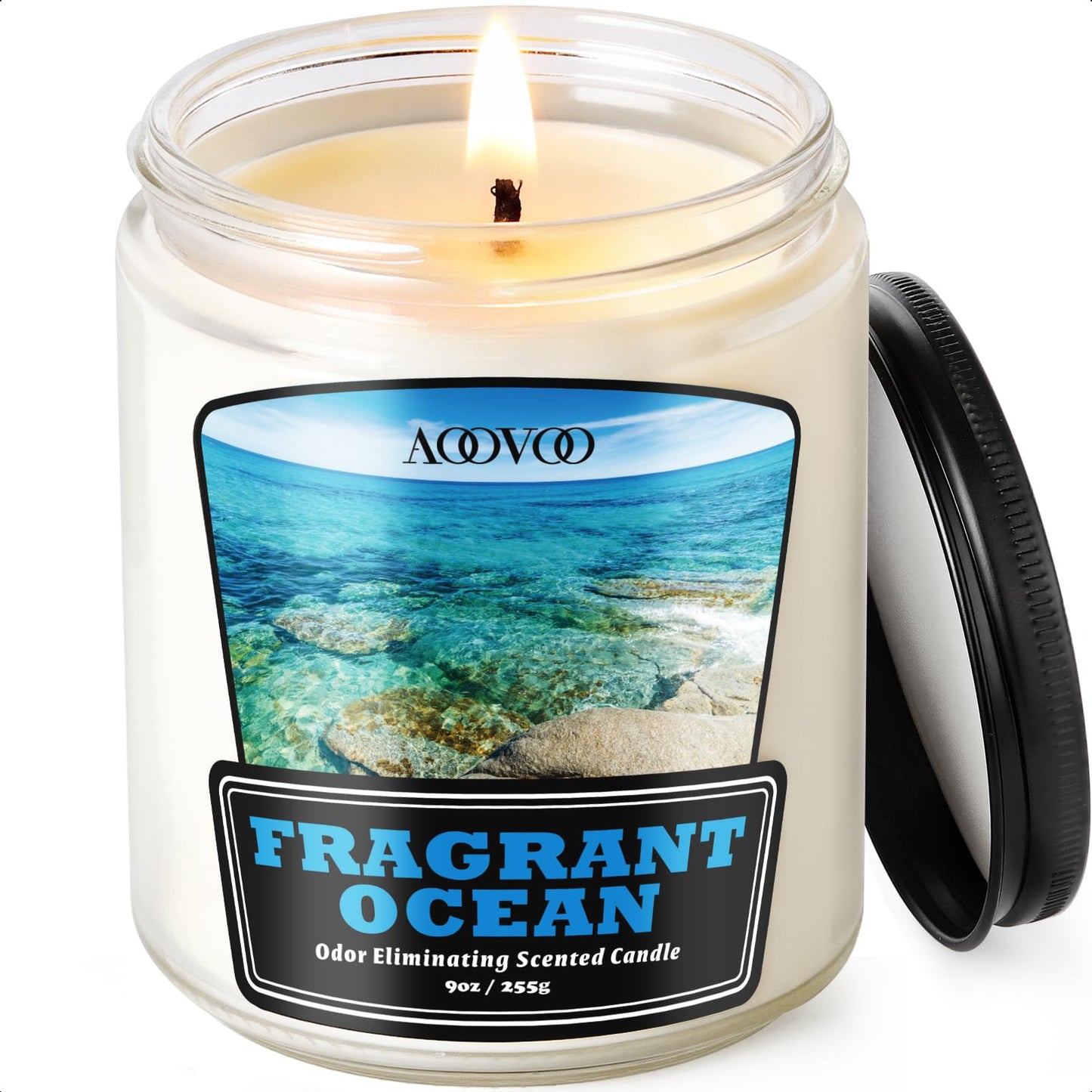 AOOVOO Fragrant Ocean Odor Eliminating Candle - Up to 50 Hours Burn time, Eliminates 95% of Pet, Smoke, Food, and Other Smells Quickly, 9 oz Non Toxic Highly Fragranced Air Freshing Soy Candle