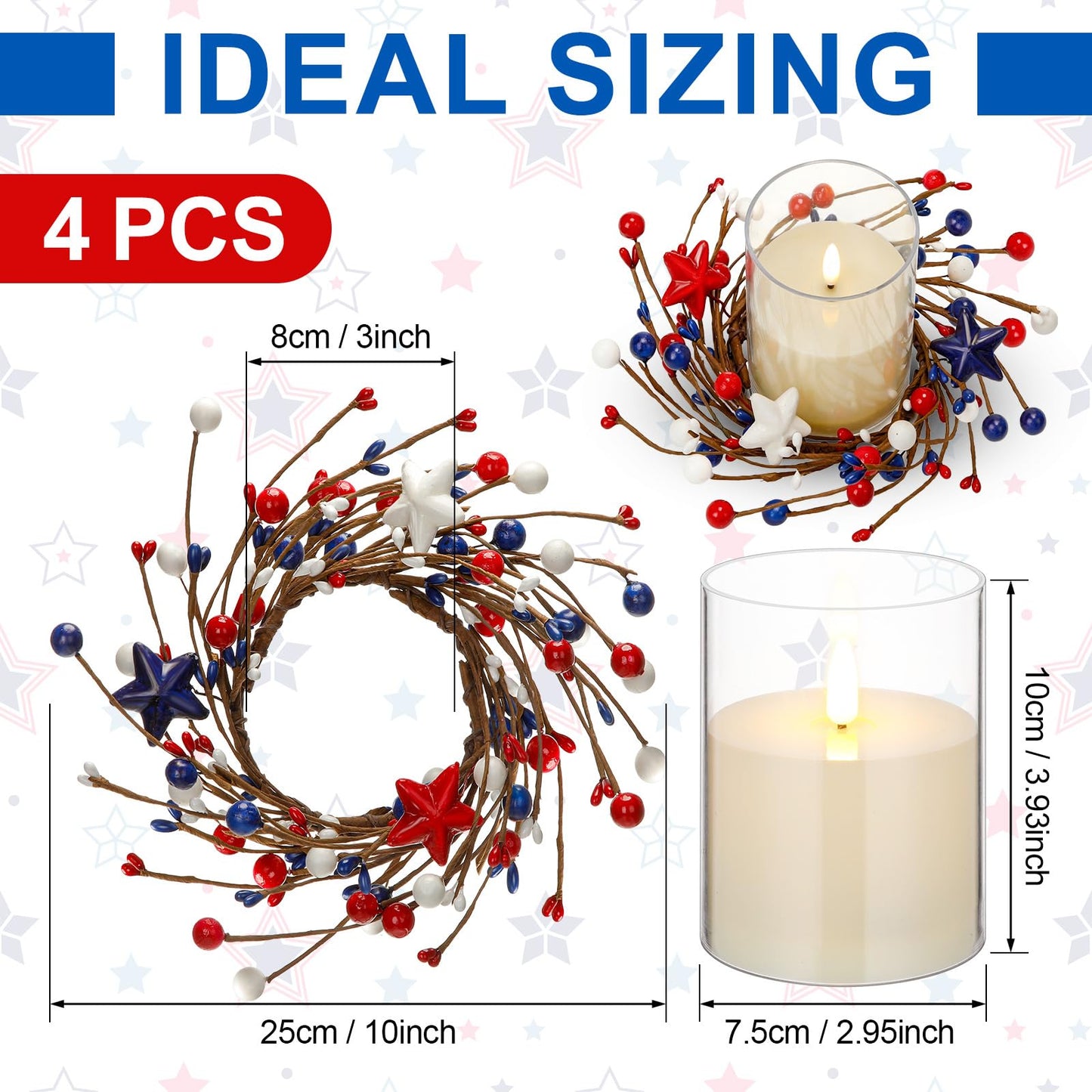 Yunlly 4 Pcs Independence Day Candle Wreaths Rings Five-Pointed Star and Berry Candle Holder Rings with LED Flameless Candles, 9.5" Wide for Wedding Windows 4th of July Table Centerpieces