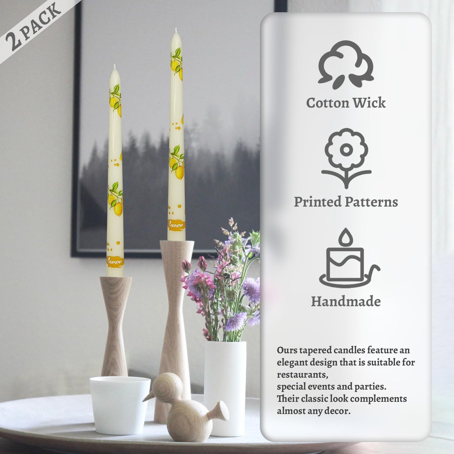 Floral Taper Candles 10 Inch Tall Unscented Handmade Beige Lemon Print Long Burning Elegant Candlesticks for Wedding Dinner Home Decor