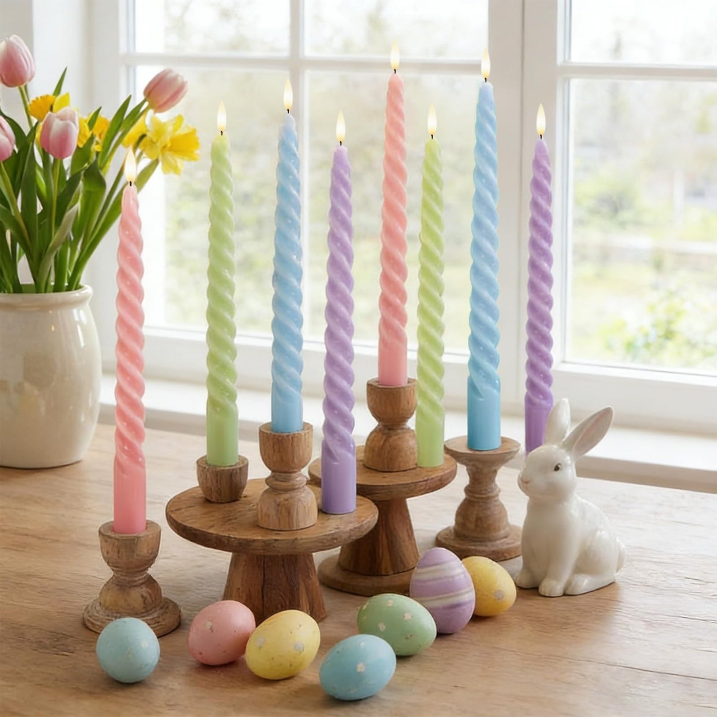 Whaline 8Pcs 10 Inch Easter Pastel Spiral Taper Candles Dripless Twisted Wax Candles Long Unscented Candle Sticks for Spring Home Party Dining Table Supplies