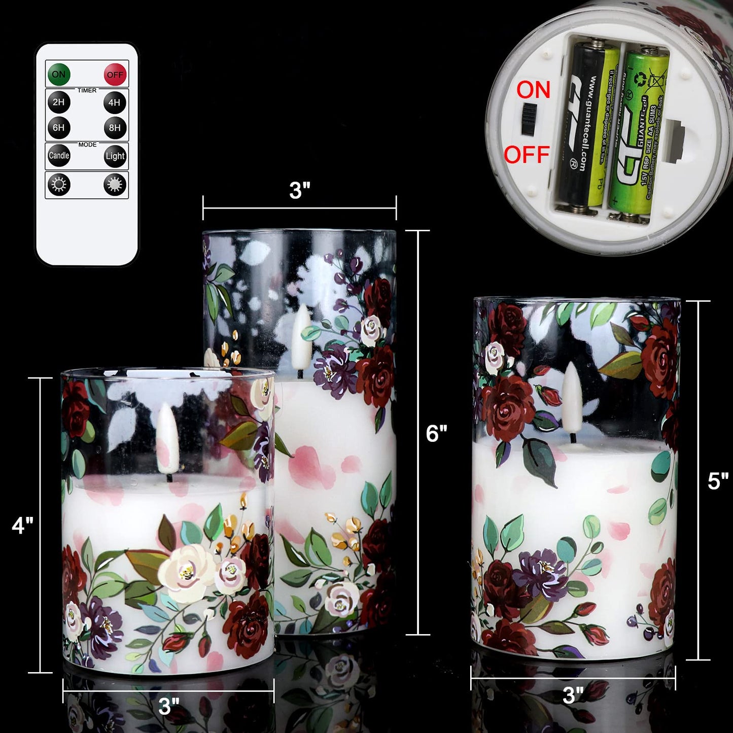 DRomance Battery Operated Glass Flameless Candles with Remote and Timer Real Wax 3D Wick Flickering Rose LED Pillar Candles Wedding Dinner Christmas Holiday Decor D3 x H4, 5", 6"