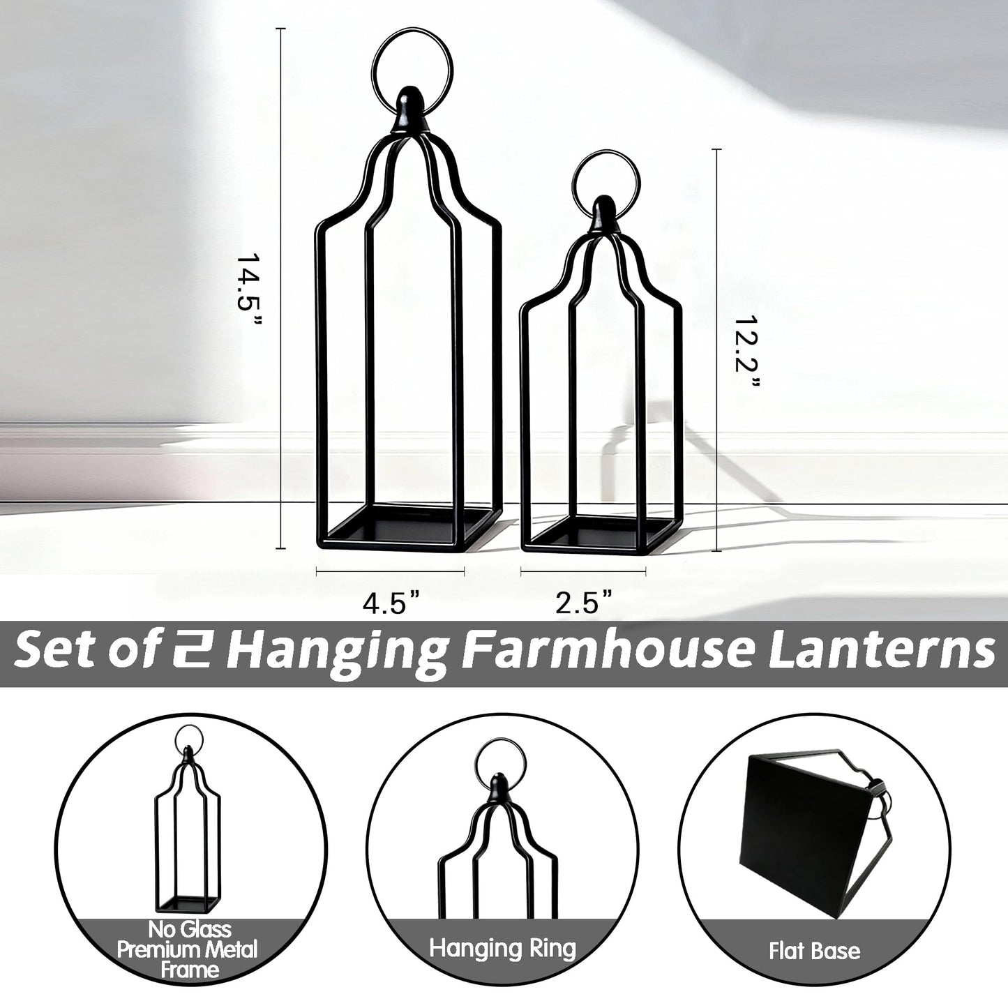 Rustic Farmhouse Decor Metal Lantern Set of 2 Decorative Lanterns for Home Indoor Outdoor Living Room, Fireplace, Patio, Wedding & Kitchen Table Centerpieces (Black, 14.5" 12.2")