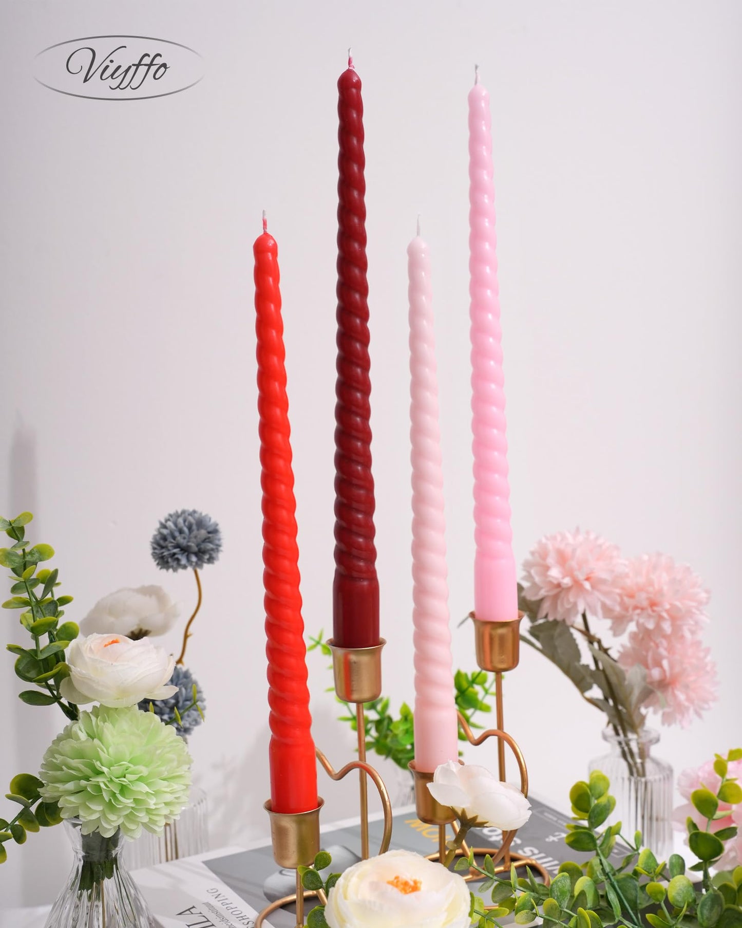 Viyffo 11 Inch Spiral Taper Candles, 4 Pack Red Gradient, Unscented Tall Long Candlesticks for Wedding, Dinner, Holiday Table Decor, Fits Most Standard Holders