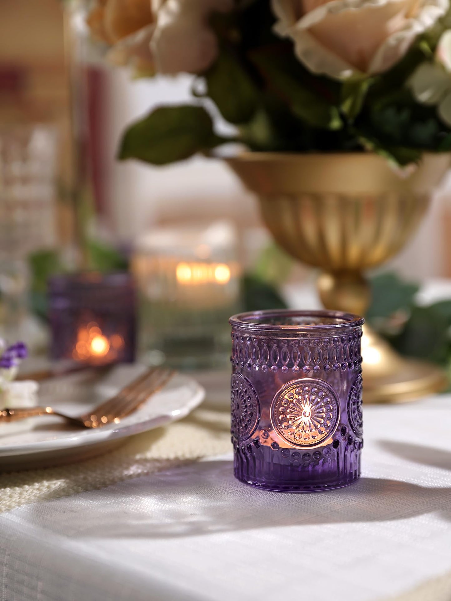 24pcs Purple Votive Candle Holders for Table Centerpieces, Glass Tea Lights Candle Holder for Bridal Shower, Baby Shower Decrations, Boho Tea Party Purple Decor, Gifts for Women