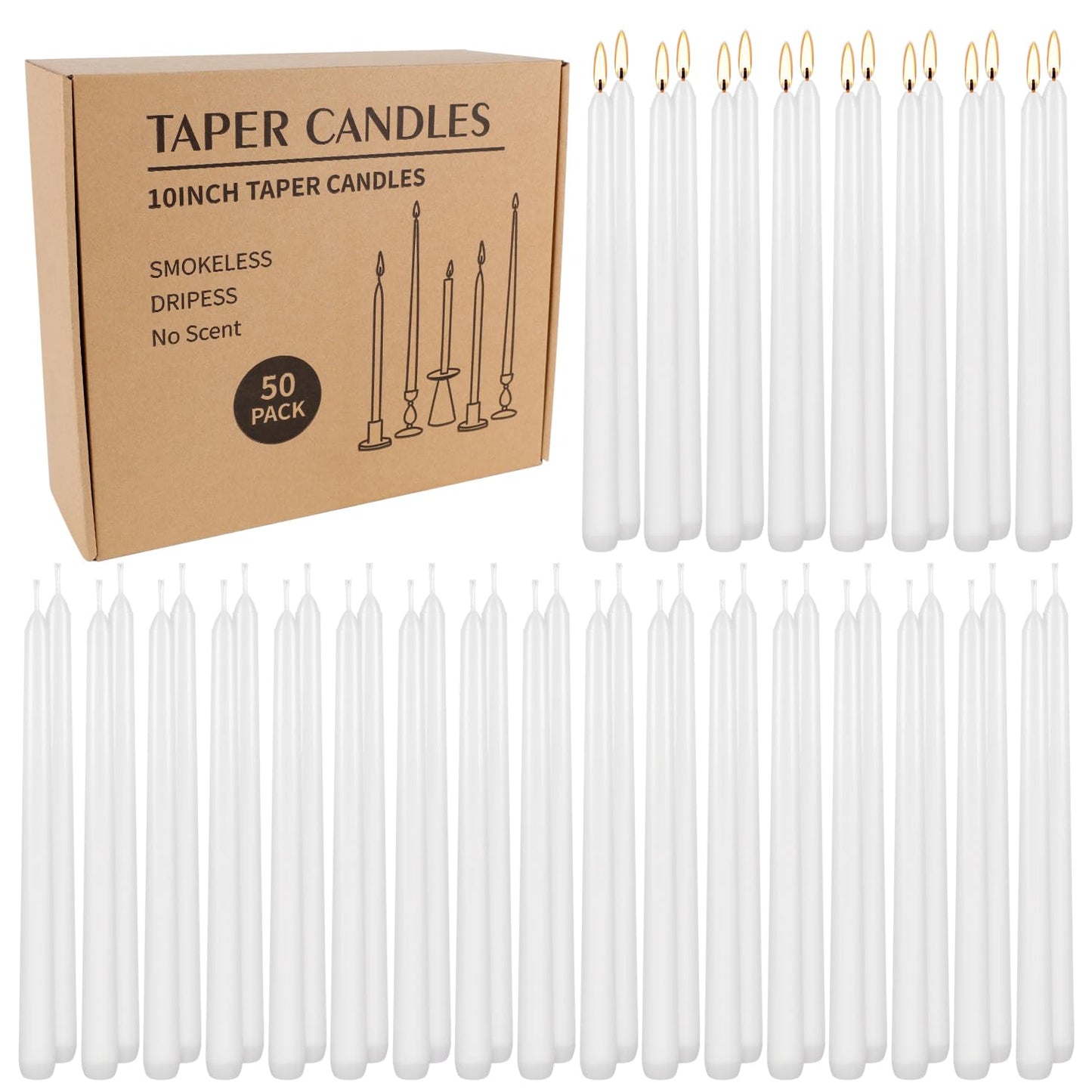 WPONSZU 50 Pack White Taper Candles, 7-8 Hours Burn Time, Unscented, Smokeless and Dripless, 4/5 x 10 Inch for Christmas,Household,Dinner,Wedding,Valentine's Day,Party and Home Décor Candlesticks