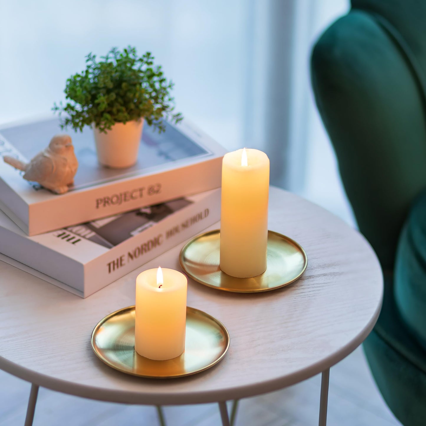 Romadedi Gold Pillar Candle Holders Decor - 5.5 Inch Round Candle Tray Decorative Brass Metal Plate Candle Srand for 3 Wick Candles Jars for Coffee Table Countertop Home Decorations, Set of 2