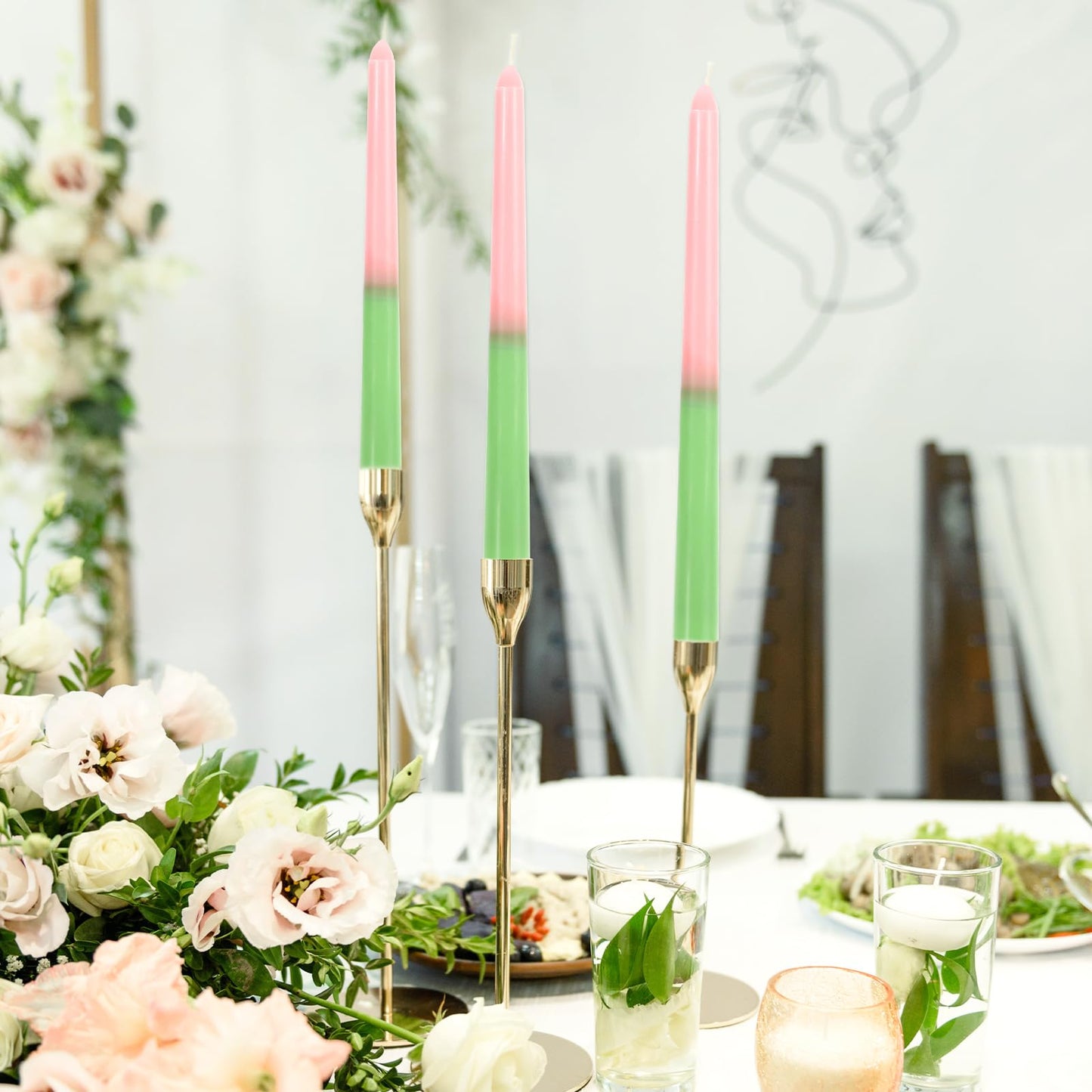 JarThenaAMCS 6Pcs Pink and Green Taper Candles 10 Inch Long Unscented Candle Sticks for Witch Princess Birthday Holiday Wedding Party Home Dining Table Decor