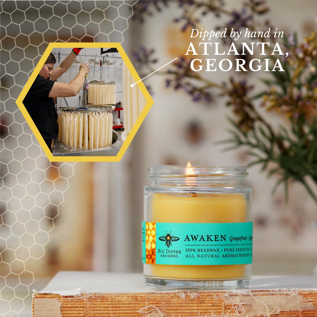 Big Dipper Wax Works Beeswax Aromatherapy Candle – Awaken, Grapefruit & Spruce, Apothecary Glass 2” x 2.5” – 25-Hour Burn, 100% Pure Beeswax with Essential Oils, Clean & Eco-Friendly