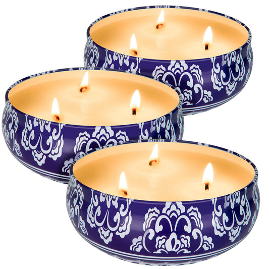 Hausware Citronella Candles Outdoor & Indoor - Large 13.5 oz Scented Candles Set 3 Pack Natural Soy Wax citronella Candles for Garden Patio Yard Home Balcony Camping Backyard (Dark Blue)