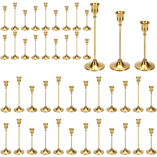 48PCS Brass Gold Taper Candle Holders Set, Gold Candlestick Holders Bulk Gold Candle Holders Vintage Metal Candlestick Holders for Wedding Reception, Centerpiece, Festive Mantel Decoration