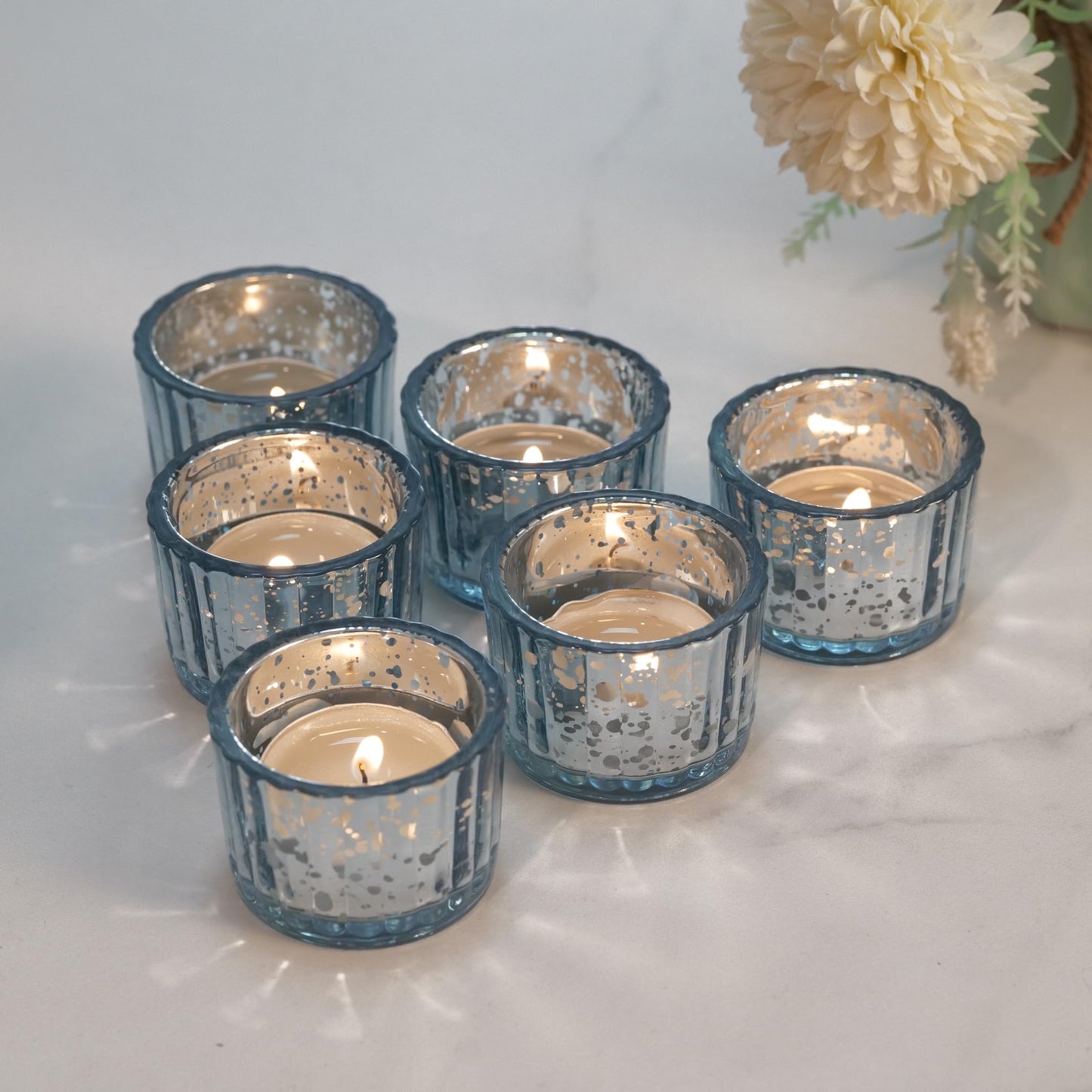 Round Clear Votive Candle Holders Set of 12, Purple Wedding Centerpiece Table Decorations, Mercury Glass Tealight Candle Holder for Bridal Shower, Baby Shower & Home Decor (Blue)