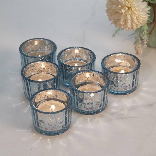 Round Clear Votive Candle Holders Set of 12, Purple Wedding Centerpiece Table Decorations, Mercury Glass Tealight Candle Holder for Bridal Shower, Baby Shower & Home Decor (Blue)