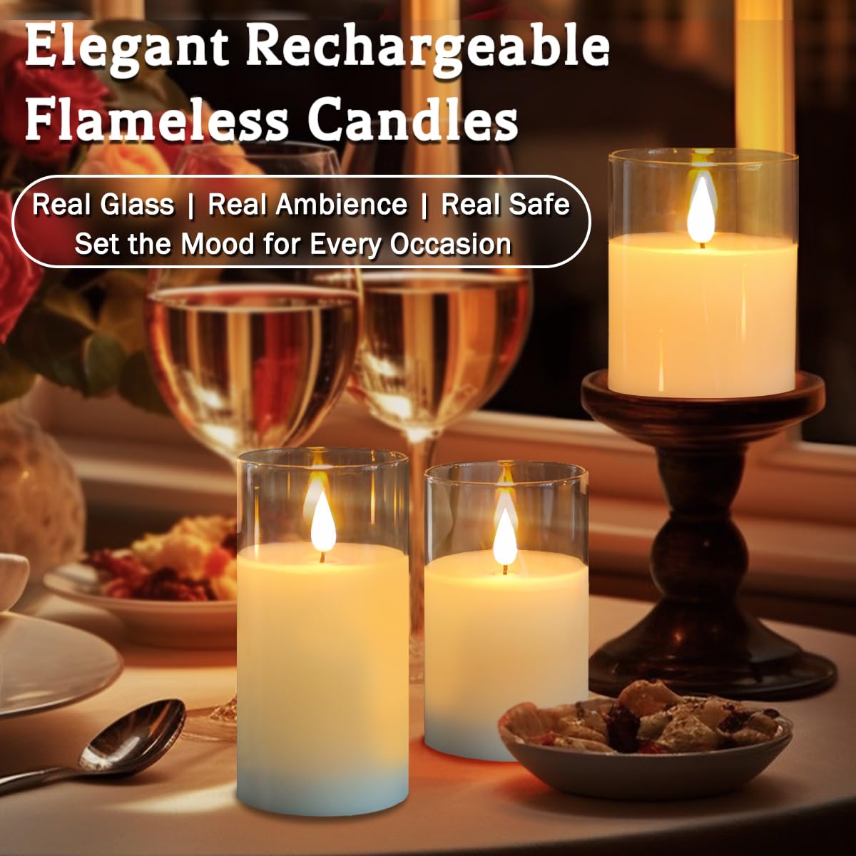 LEDHOLYT Rechargeable Flameless Glass Pillar Candles–Gifts for Women,–Set of 3, Realistic Flickering LED Light,Remote & Timer, Ideal for Living Room, Bedroom & Festival Wedding Home Party Decor