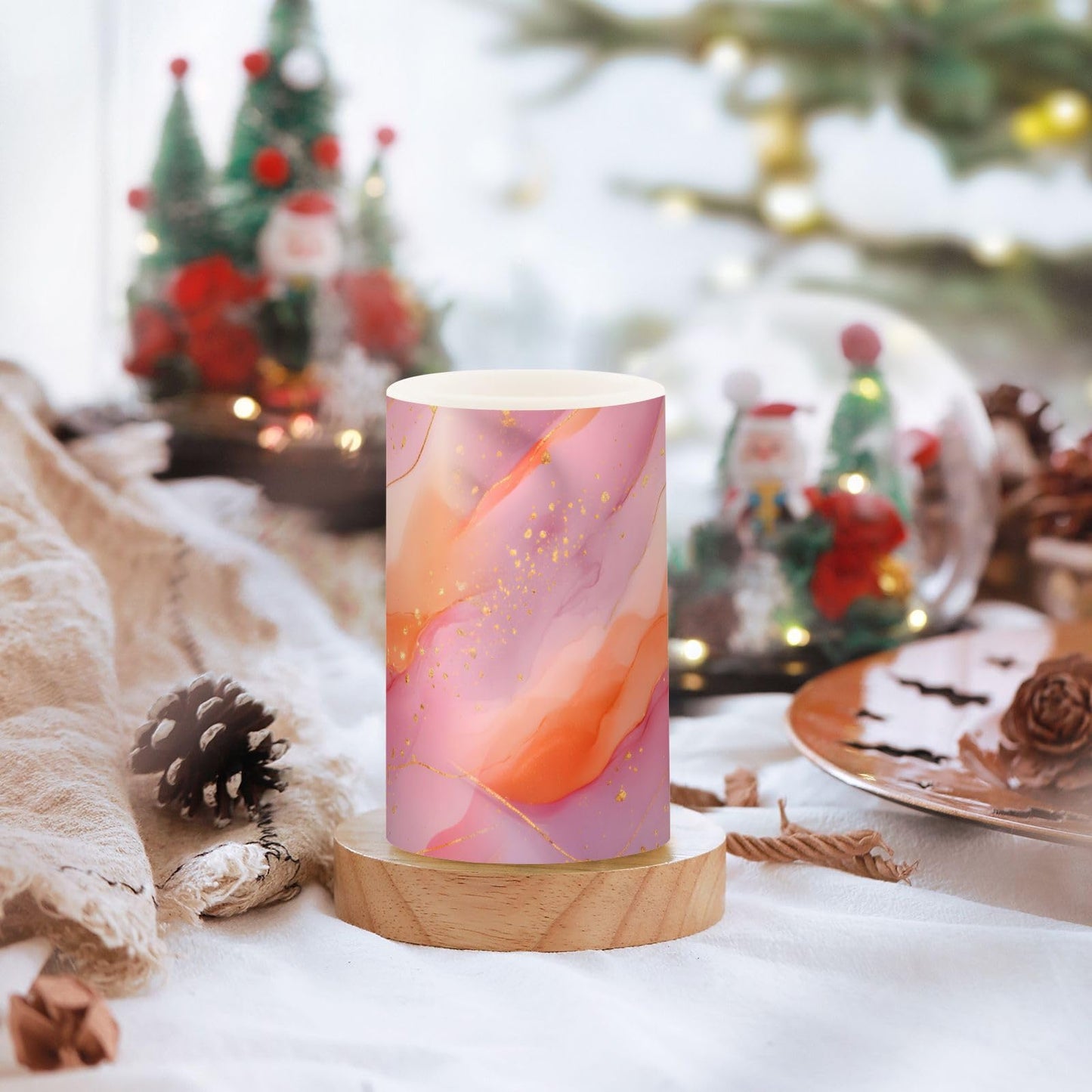 zyrtty 2 Pack Plastic Flameless Candles Light Pink and Orange Abstract Marble Pattern Battery Operated with Remote and Timer Real Wax LED Flickering Pillar Candles Set Window Christmas Holiday Decor