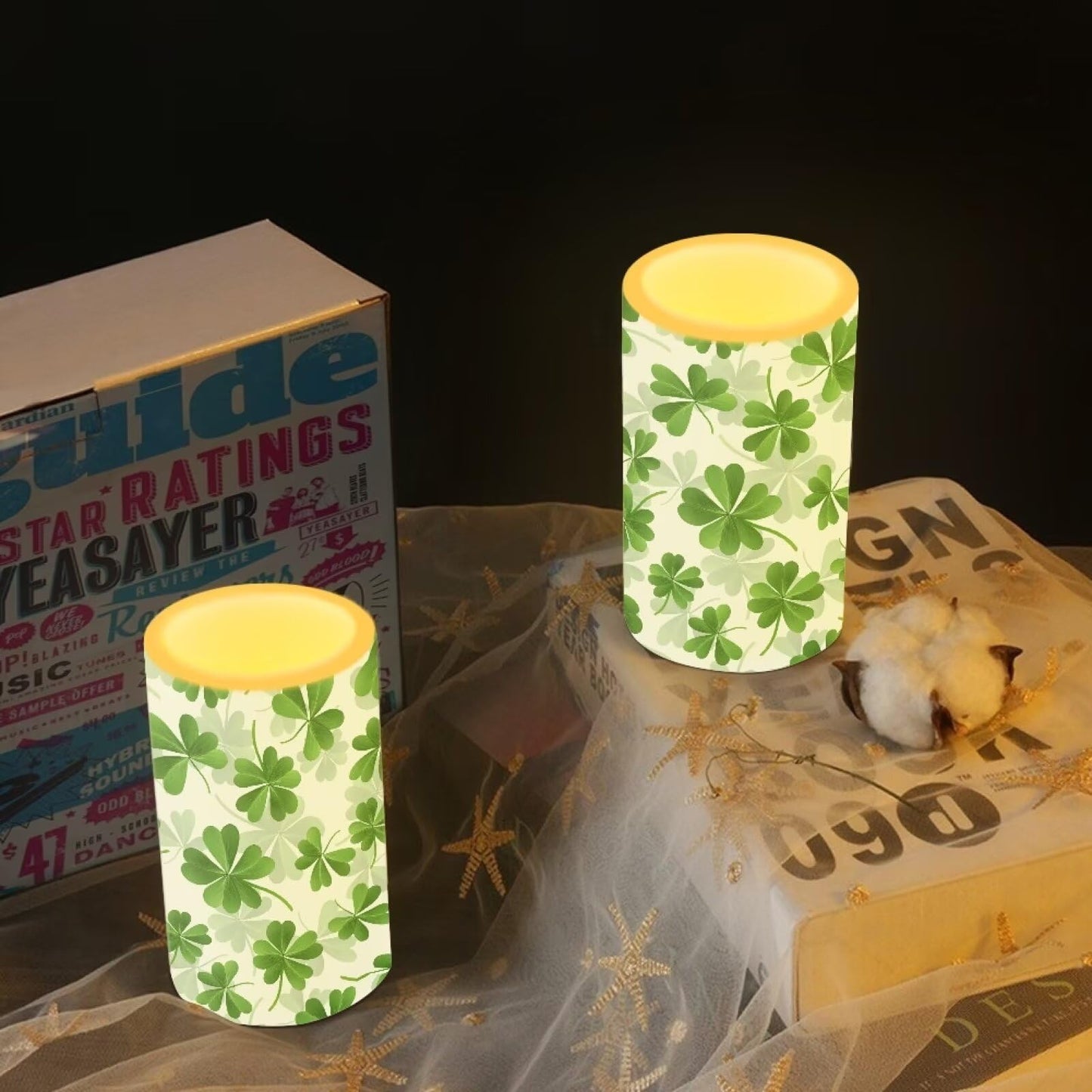 Luarisgur St Patricks Day Candles Battery Operated Flameless Candles with Remote Fall Decorations LED Fake Candles for Home Bedroom Irish Lucky Day Leaves Table Decor 3 inch Set of 2