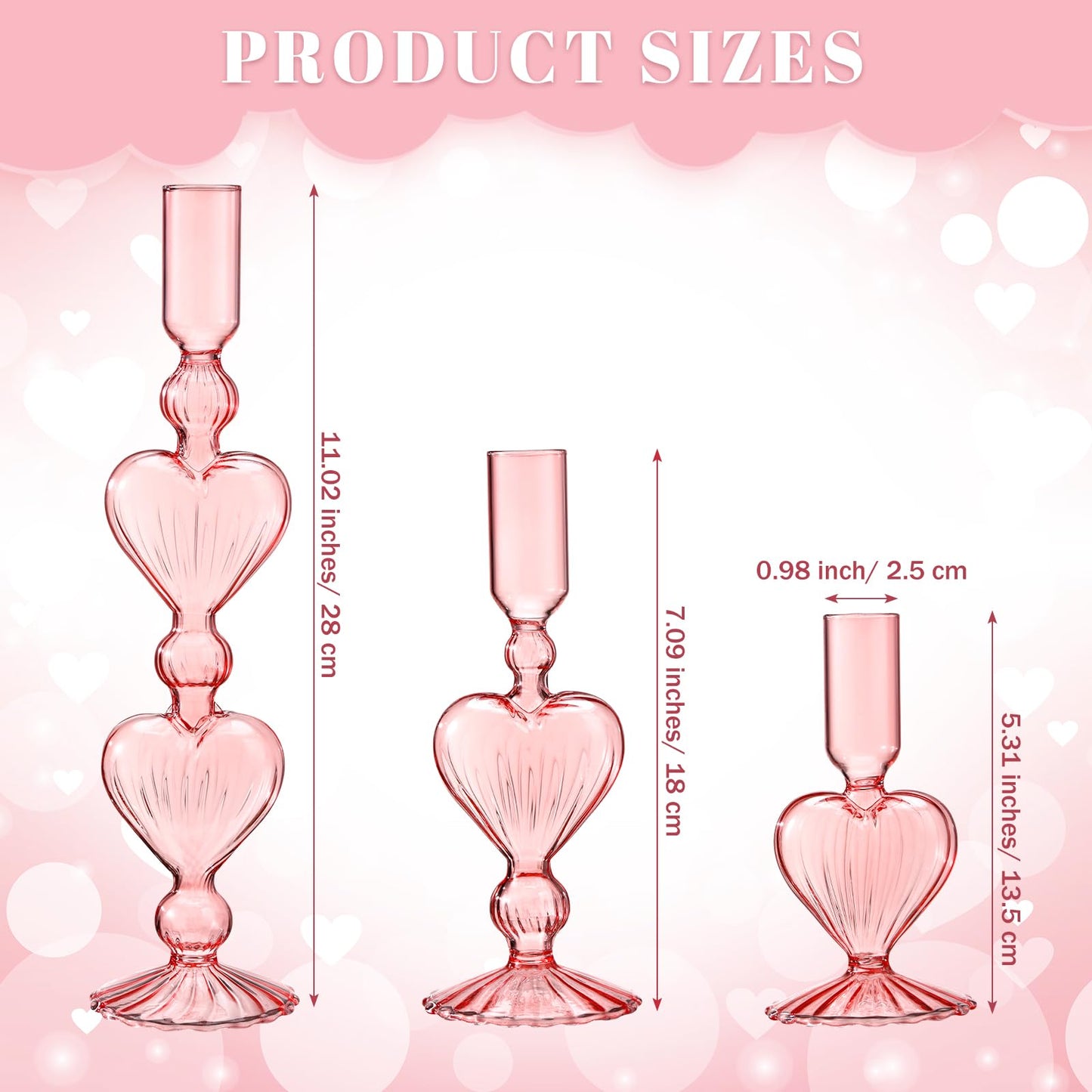 Mumufy 3 Pcs Valentine's Day Glass Candlestick Holders Heart Glass Taper Candle Holder Valentines Heart Candle Stick Vase Decor for Galentine's Day Wedding Festival Party Table Centerpiece(Pink)