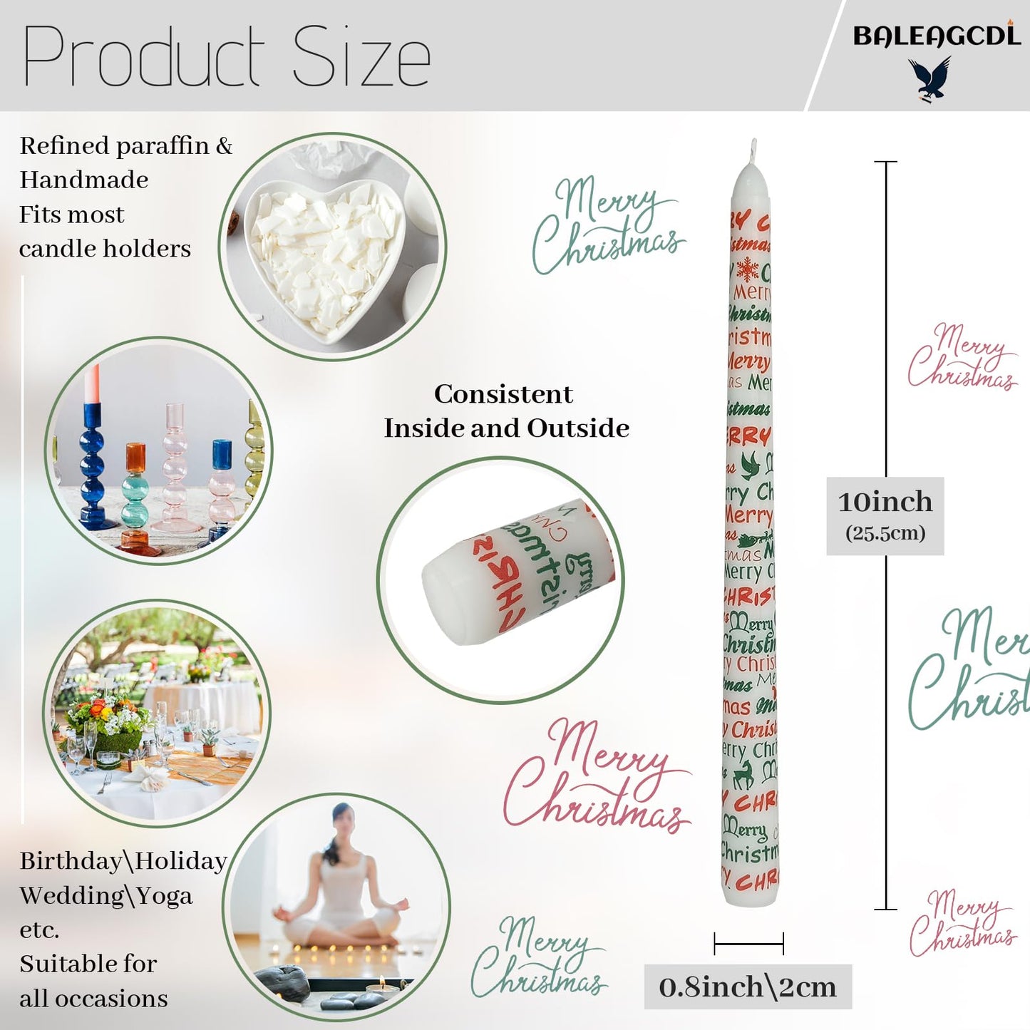 Baleagcdl Print Unscented Taper Candle X-mas Letters Decorative Candlesticks Handmade 10 Inch Drip Long Tapered Candles for Christmas Home Holiday Decor Gifts - Set of 2