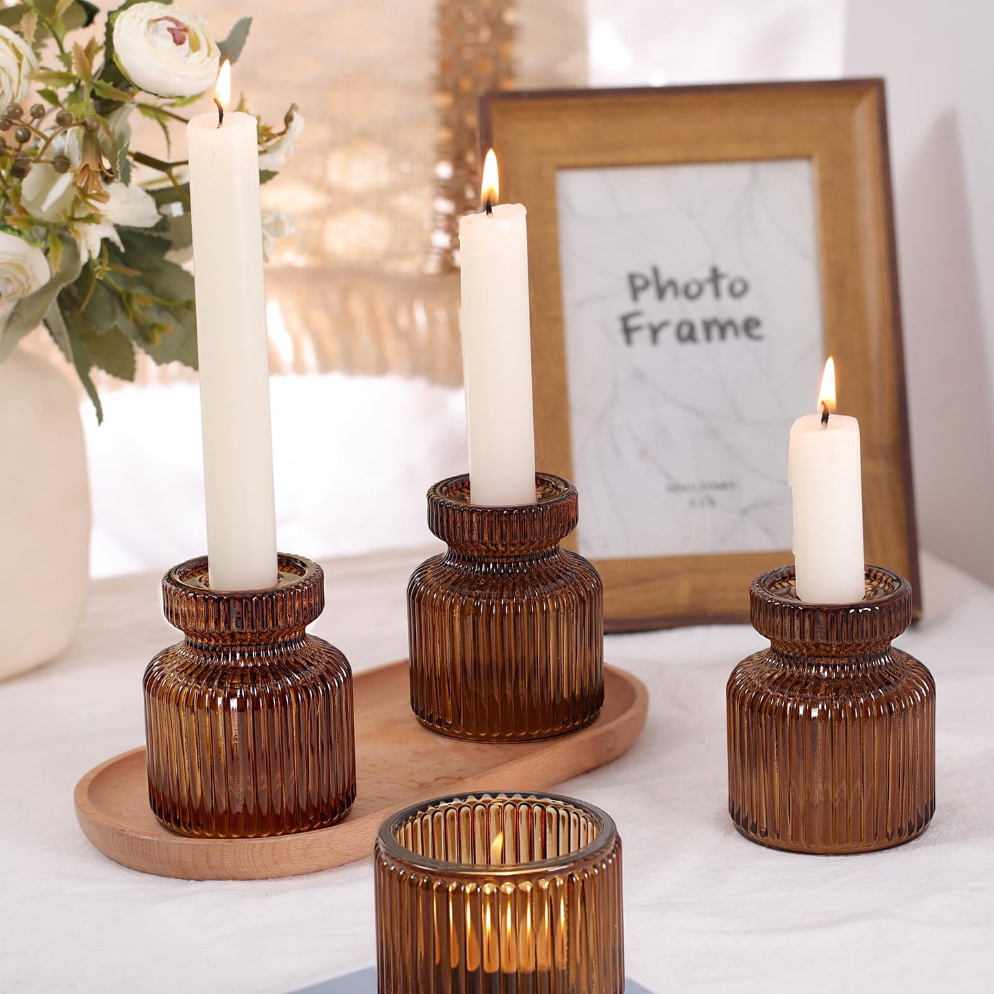 DARJEN 12 Pcs Glass Candlestick Holders- Amber Taper Candlestick Holders Tealight Votive Candle Holders for Table Centerpieces, Wedding, Dinner Party, Home Decor