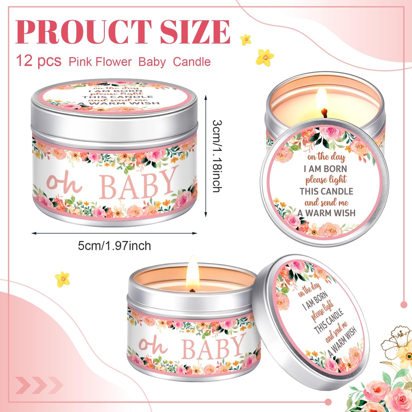 Funtery 12 Pcs Baby Shower Party Favors for Guests Baby Shower Candles Lavender Scented Candle Rustic Tealights Candles Gender Reveal Return Gifts(Floral)