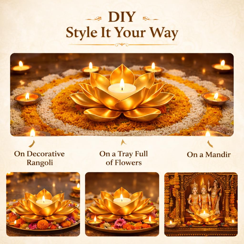 Agaas Enterprises Golden Metal Big Size 7 inch Table Lotus Flower T-light /Tealight Holder Diwali Diya Decoration Item | Diwali decoration | Home decoration |Tealight Candle Holder Votive Candle