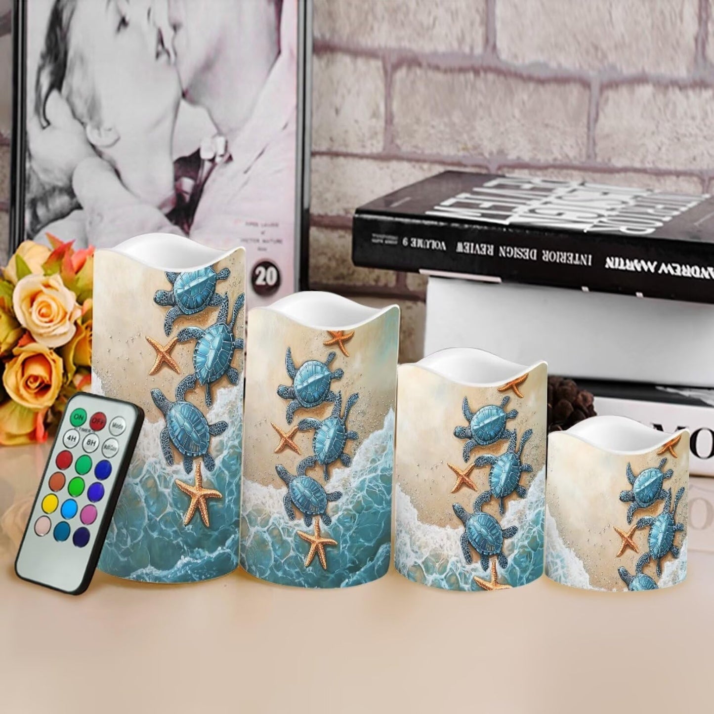 Ystardream 4PCS Flameless Candle Sea Turtle Led Flameless Candles with Remote Fake Candles that Look Real for Home Living Room Bathroom Bedroom Decor,Starfish