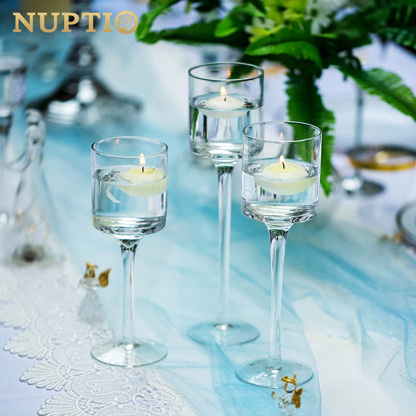 NUPTIO Tealight Candle Holders Glass: Set of 3 Long Stemmed Candle Stands for Dinner Table Centerpiece - Monet Candleholders Pillar Floating Candles