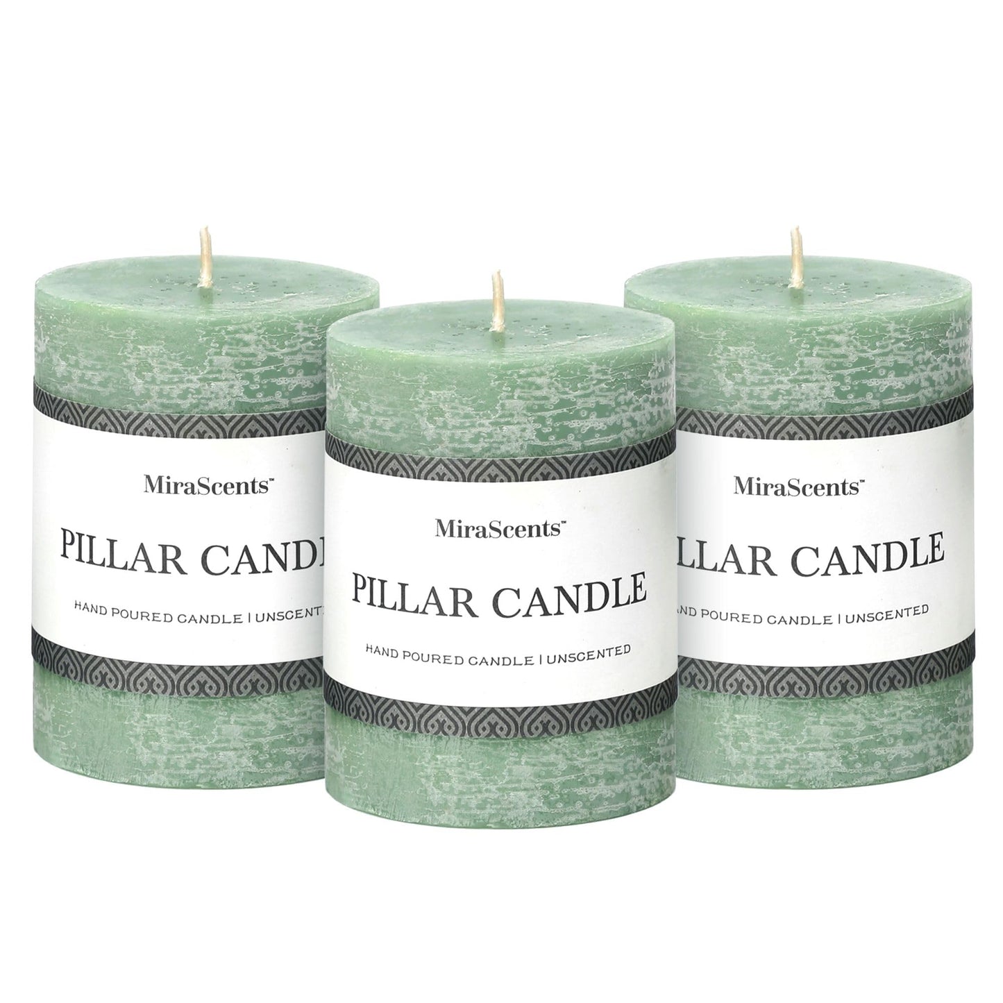 3x4 Inch Sage Green Pillar Candles - Set of 3, Unscented, Long Burning, Smokeless Dripless Candles for Spring Home Decor, Dinner Table, Bathroom, Rustic Decor