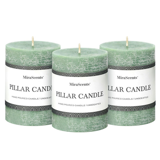 3x4 Inch Sage Green Pillar Candles - Set of 3, Unscented, Long Burning, Smokeless Dripless Candles for Spring Home Decor, Dinner Table, Bathroom, Rustic Decor