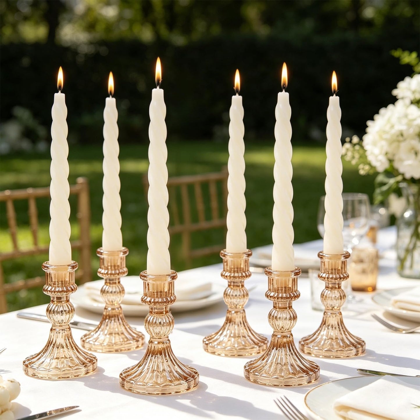 6 Pack Glass Taper Candlestick Holders, Gold Candlestick Holders, 4" H Stripe Crystal Candle Holders Decorative Candle Stand Centerpiece for Wedding, Festival, Dinning Party Table Decor