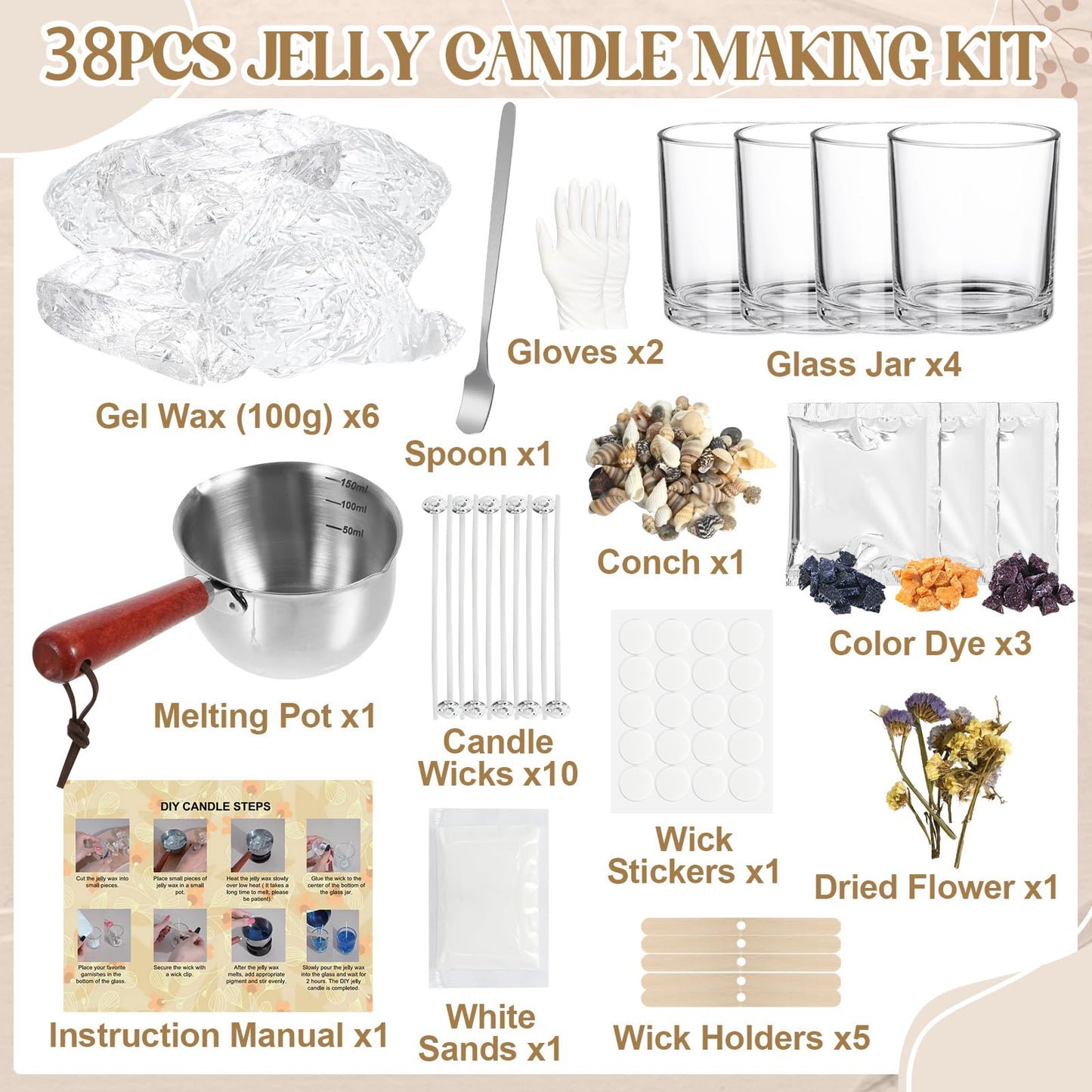 Jcoos Jelly Candle Making Kit, DIY Jelly Wax Melts, Candle Making Kit for Adults, 1.5 lb Gel Wax for Candle Making, Candle Wick, Dried Flowers, Conch, Sand, Dye, Crafting Valentine's Day Gift