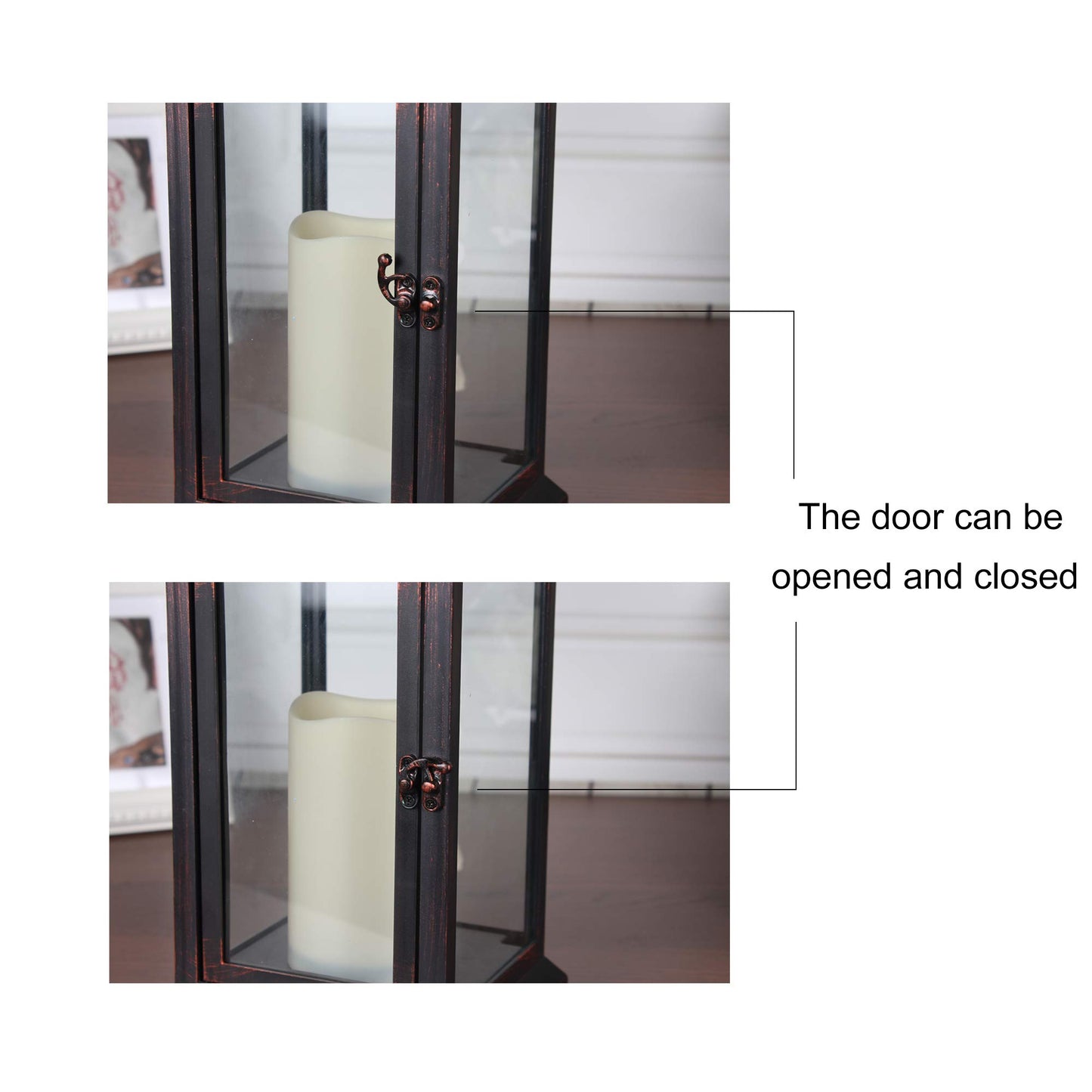 WRalwaysLX 15 inch H The Door-Open Decorative Lantern with flameless LED Candle Light, Outdoor/Indoor LED Lantern, wtith Timer Candle，Plastic with Bronze Undertones.USE 2C Battery(not Include)