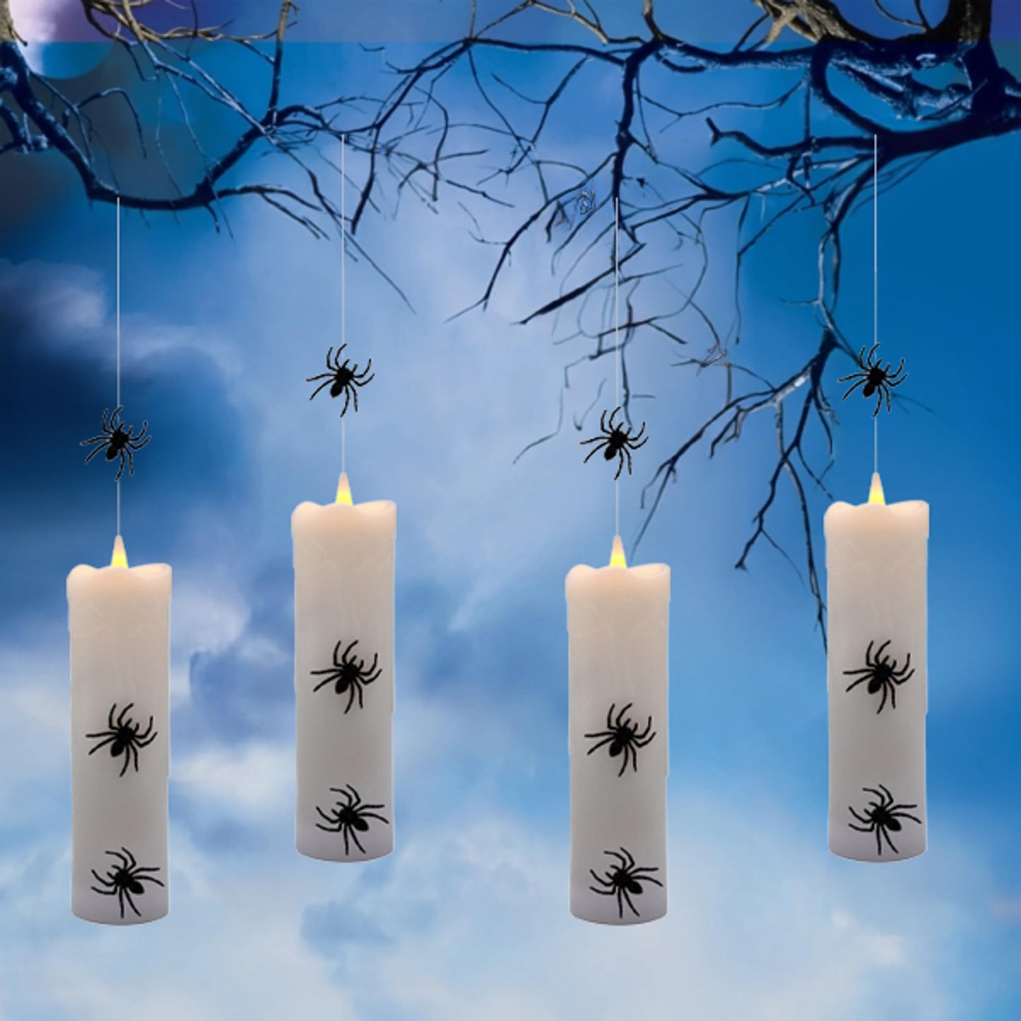LumaBase Battery Operated Hanging Pillar Candles with Spiders - Set of 4