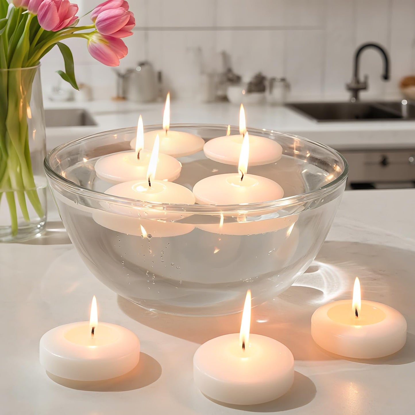 3 inch White Floating Candles 8-9 Hours Floating Candle for Centerpieces 36 Packs Unscented Floating Candles 3” Water Candles for Cylinder Vases, Pool, Wedding