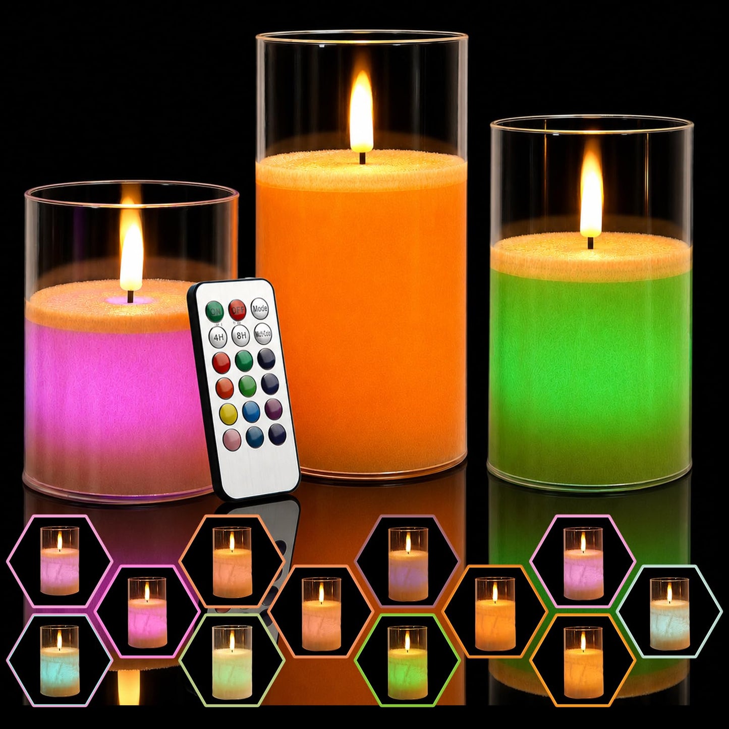 NICEME 3PCS LED Multi Colored Flameless Candles Acrylic Pillar Battery Operated Flickering Flame Color Changing Candles with Remote Control Real Wax Electric Fake Candles Ice Crystal, D3” x H4” 5" 6"