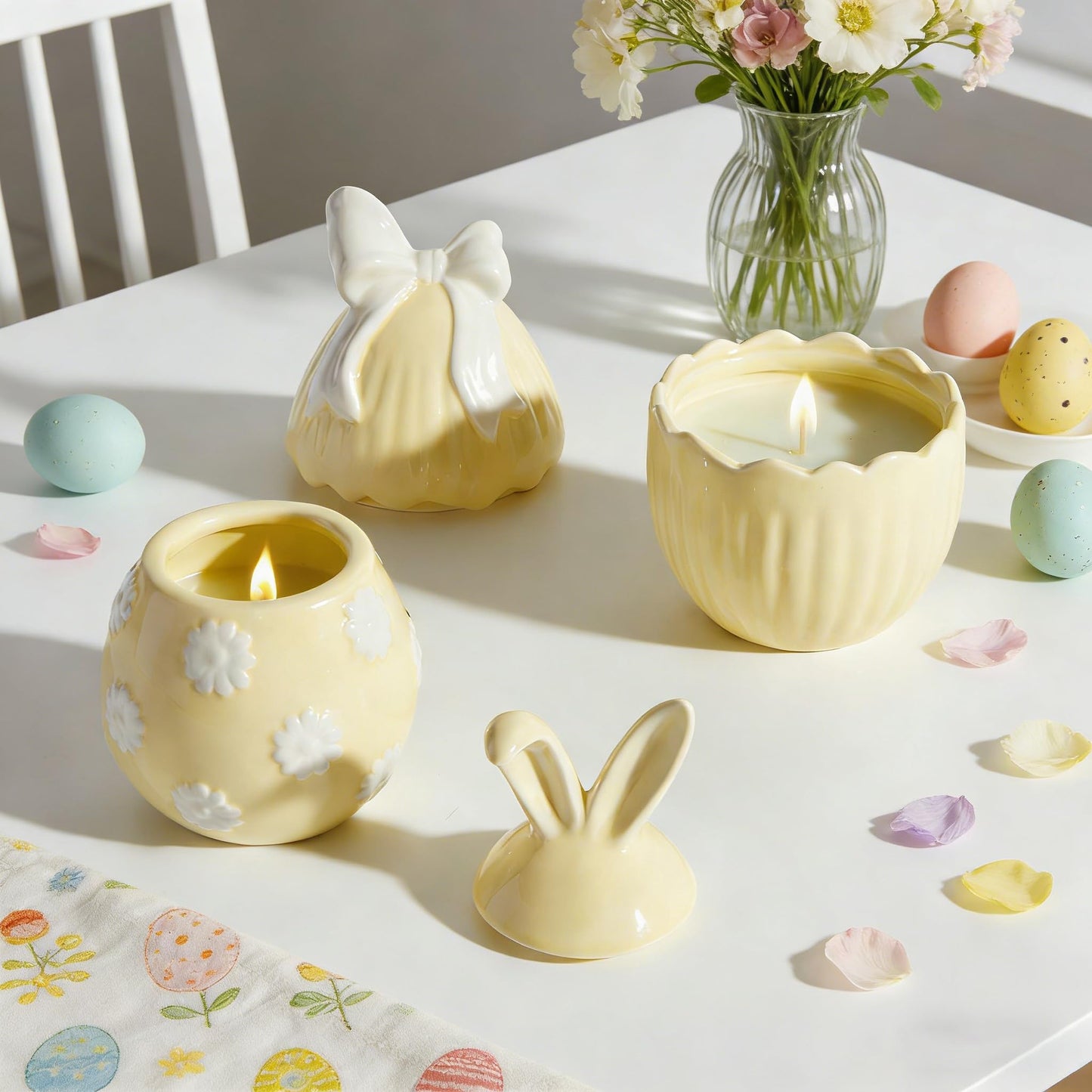 WDS WONDROUS 2-Pack Easter Bunny & Bow Ceramic Jar Candles, Egg Shaped Soy Wax Scented Candles with Daisy and Striped Design, Spring Home Decor Gift Set for Women, Yellow Farmhouse Table Centerpiece