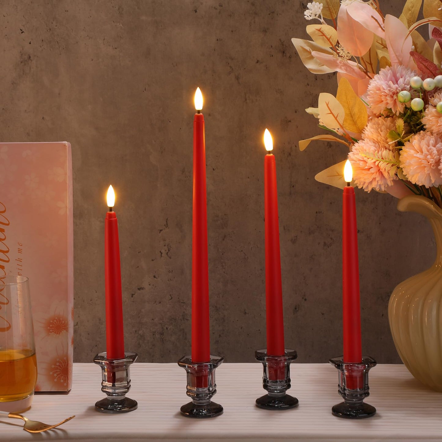 Rossesay 24 Pcs Flameless LED Taper Candles Battery Operated Candle 8.5", 9.65", 10.8", 12.8" Flameless Candlesticks Flickering for Christmas Church Wedding Indoor Decoration(Classic, Red)