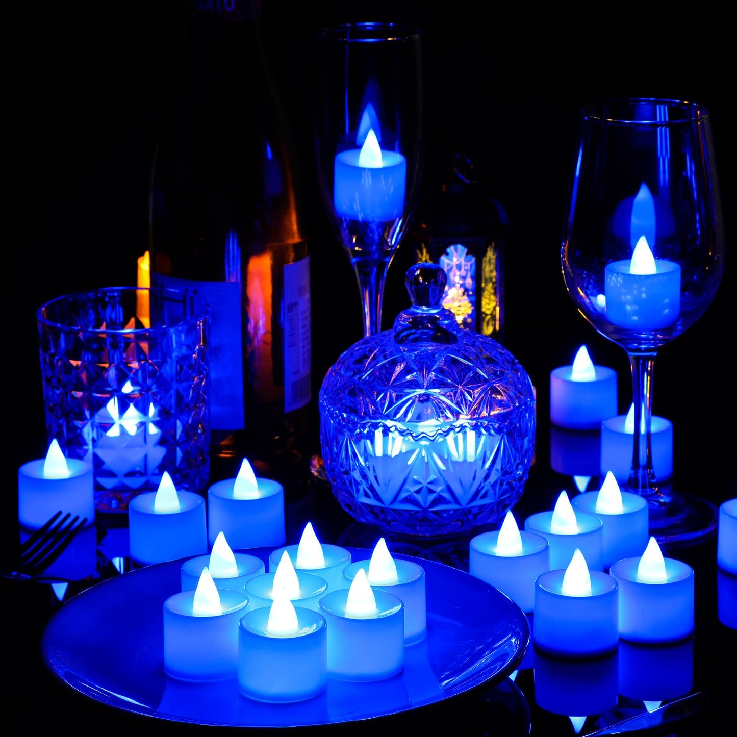 Coume 72 Pack Flameless Tea Light Candle Wedding Flameless Flickering LED Battery Operated Candle for Sweetest Day Anniversary Romantic Night Honeymoon Table Decor(Blue)