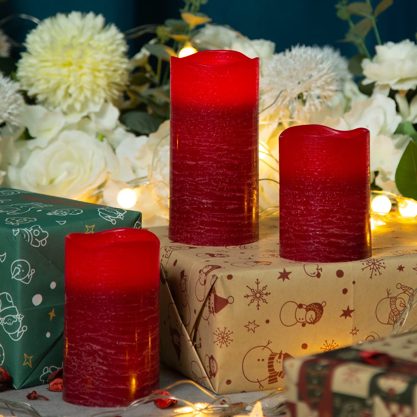 H-BLOSSOM Red Flameless Candles Real Wax LED Pillar Candles Battery Operated with Cycling 5H Timer Set of 3 (3" x 4"/5"/6") (Red)