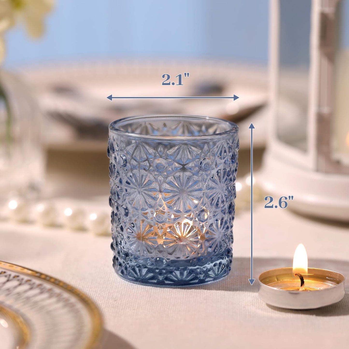 Lanttu Blue Votive Candle Holder Set of 12, Flower Tea Lights Candles Holders for Wedding Table Centerpieces, Birthday Parties, Home Decor, Blue Bridal Shower and Holiday Decorations