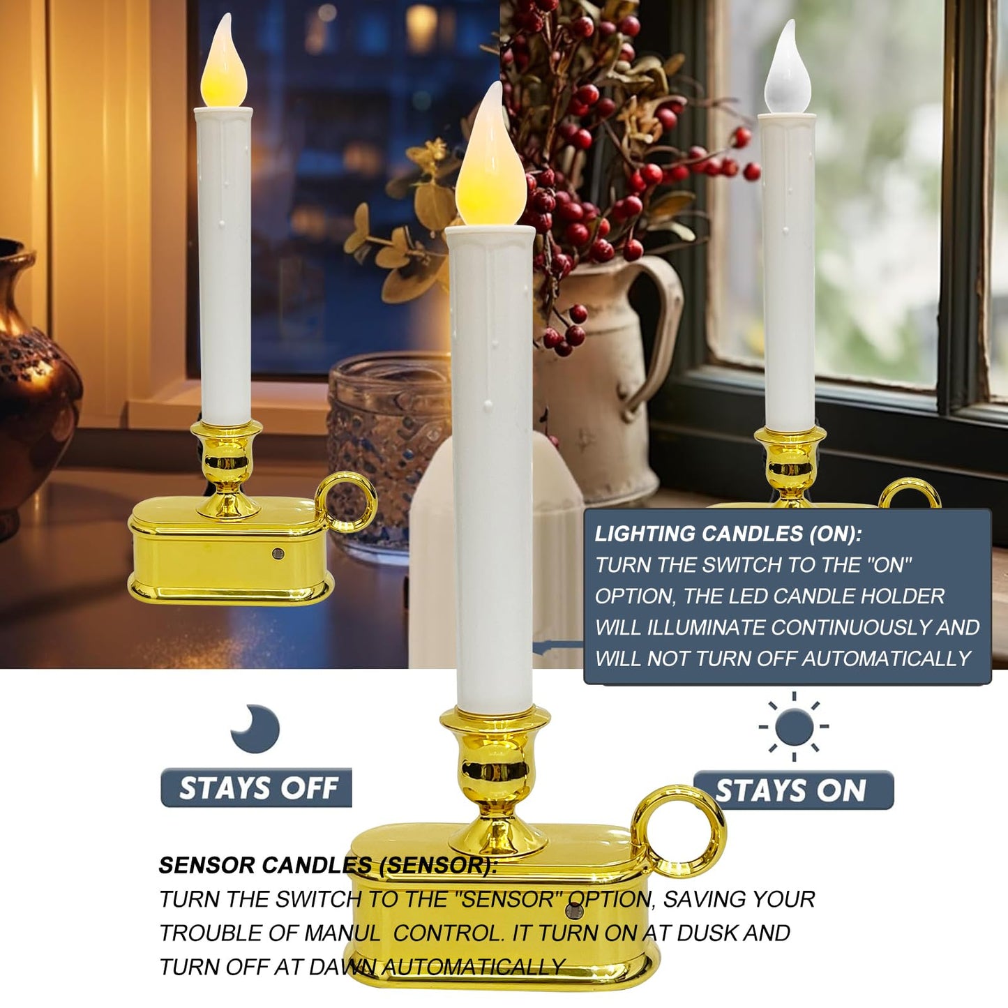 Set of 4 Battery Operated LED Window Candles with Dusk to Dawn Sensor, Flicker Flame Christmas Candles with Gold Base, 10 Inch Flameless Taper Candle Lights for Table Window Bedroom Christmas Decor
