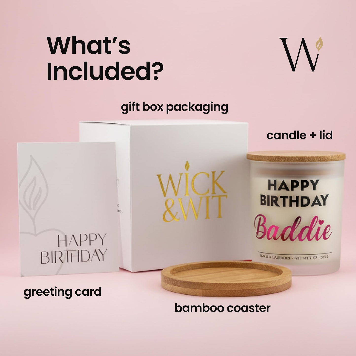 Best Friend Birthday Gifts for Women – Happy Birthday Baddie Soy Candle Gift Set, Vanilla Lavender, 50+ Hour Burn, Ready to Gift Box by Wick and Wit