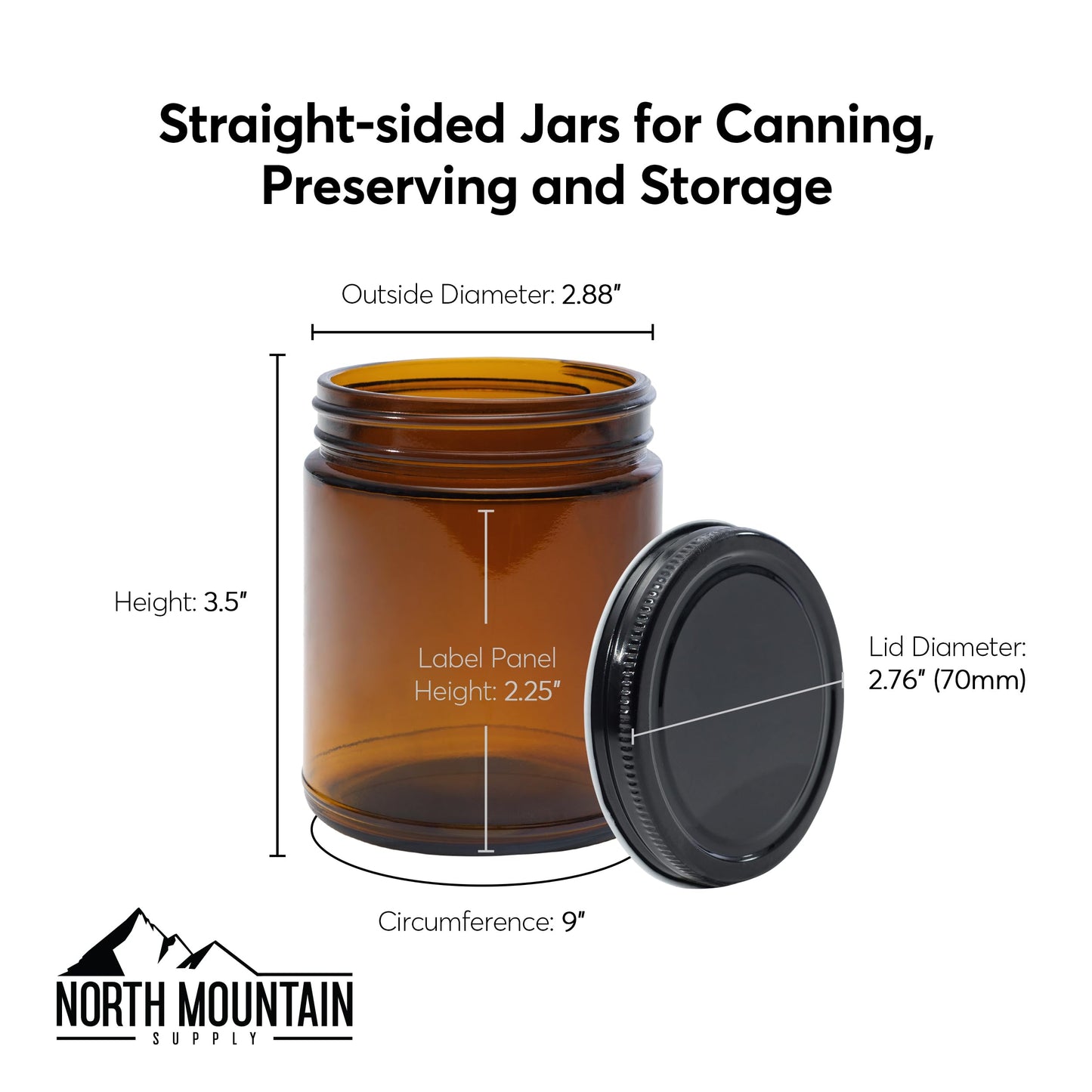 North Mountain Supply 9 Ounce Amber Glass Straight Sided Mason Canning Jars - with 70mm White Metal Lids - Case of 12