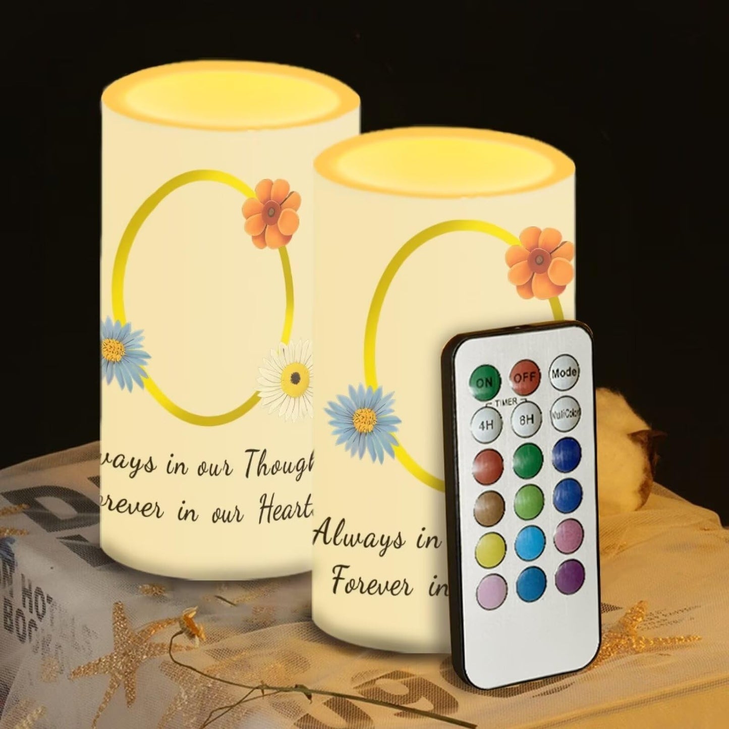 Luarisgur Personalized LED Memorial Candle for Loss of Loved One 2 Pack 6 x 3 inch Flameless Candles Biege Battery Operated Candles with Multicolor Timer Remote Control Flameless LED Fake Candles