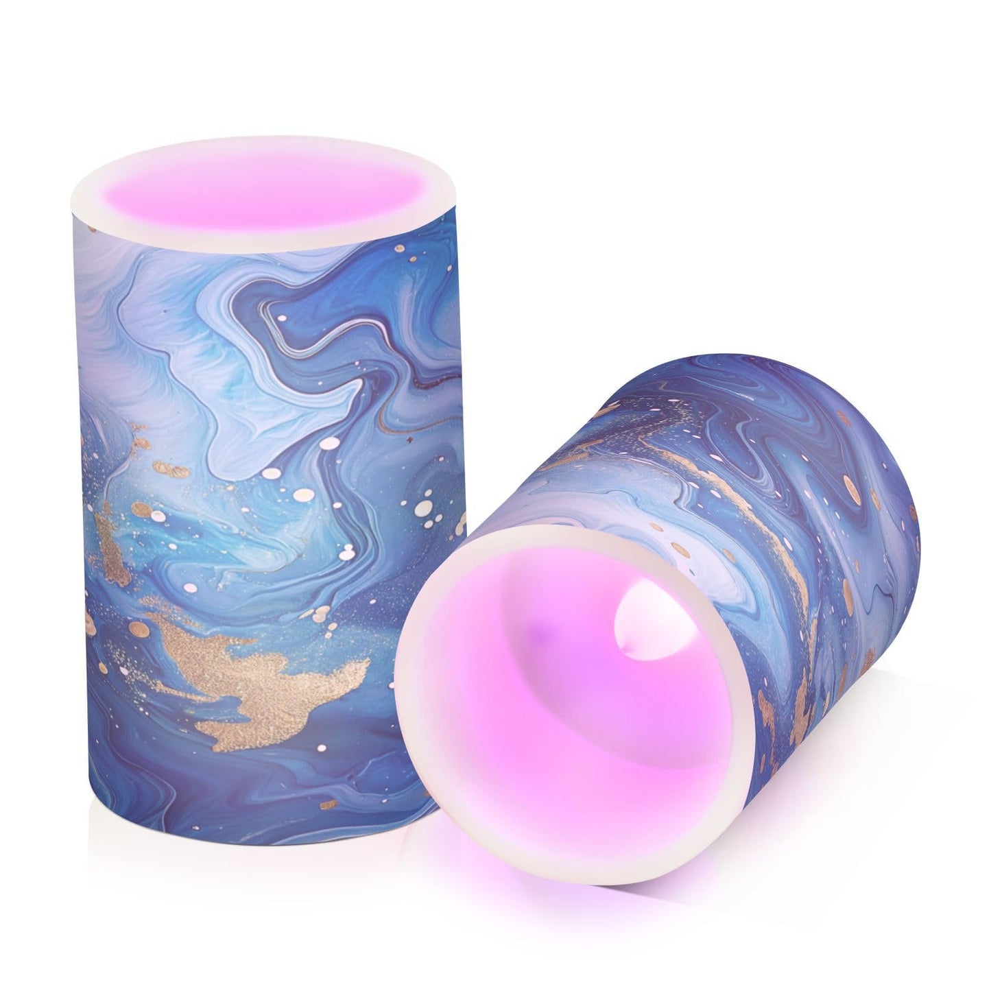 Gravopti Blue Gold Marble Flameless LED Pillar Candles Set, Battery Operated with Remote Timer, 3" x 5" & 3" x 4" Indoor Outdoor Decor (2 Pack)