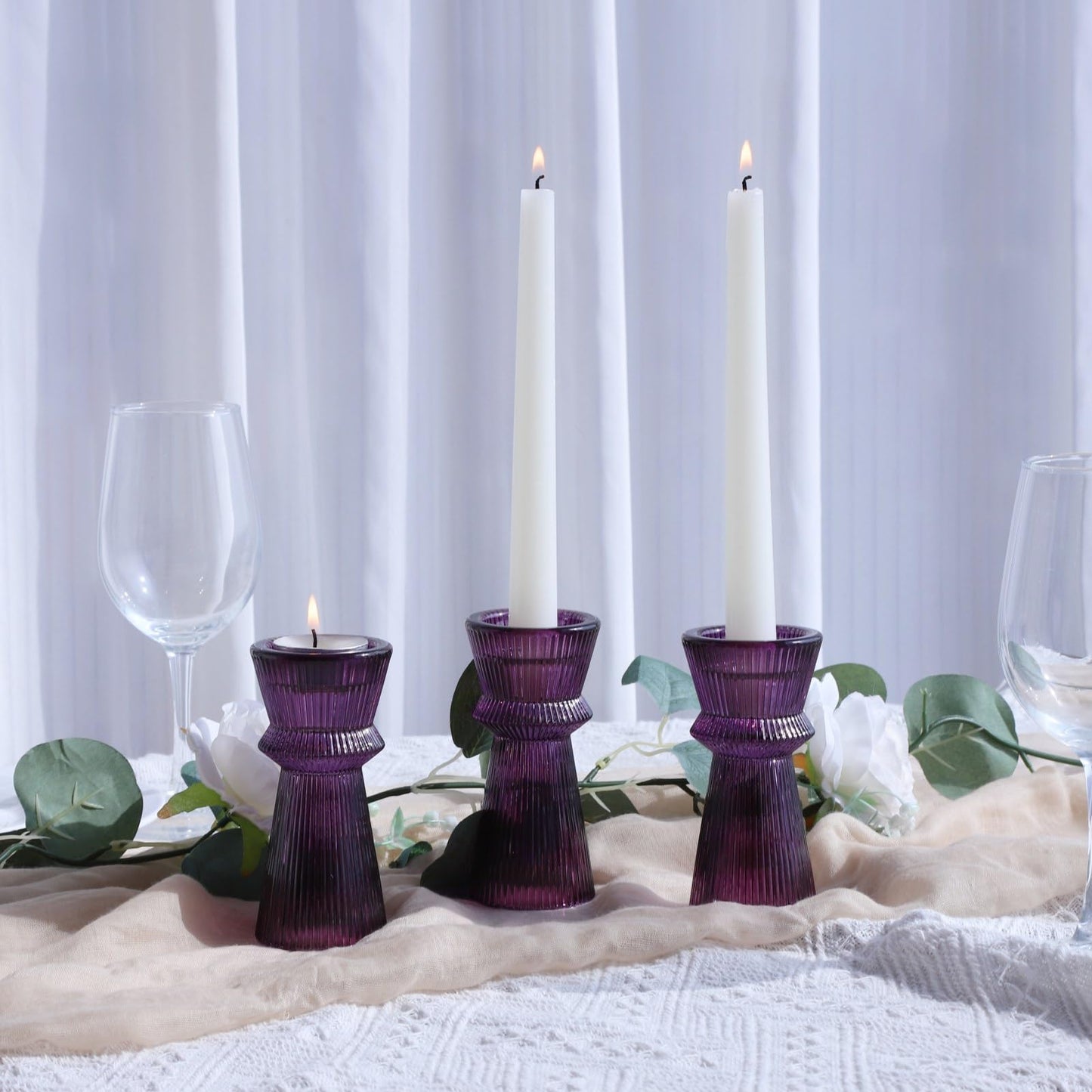 VOHO Purple Ribbed Taper Candle Holders Set of 3, Minimalist Style Glass Candle Holder for Candlesticks and Tealight Candles, Classy Candlestick Holders for Easter Halloween Wedding Decor