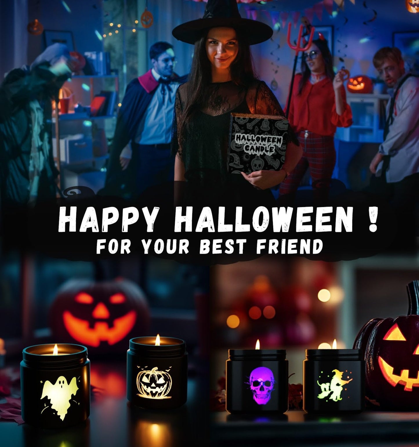 Halloween Decor Indoor-4 Pack Candles Set, LED Scented Candle,Halloween Gifts with Pumpkin|Skull|Ghost|Witch|, 80H Lasting Burn Candles for Home Decorations Indoor