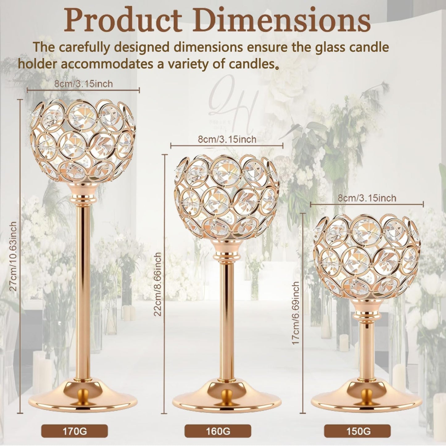 HearthLume Candle Holder Candlestick Holders- 1Set Gold Crystal Pillar Candle Holders,Metal Candlestick Stands for Wedding Centerpieces,Table Decor for Church,Valentine's Day Housewarming Gift,3Pcs